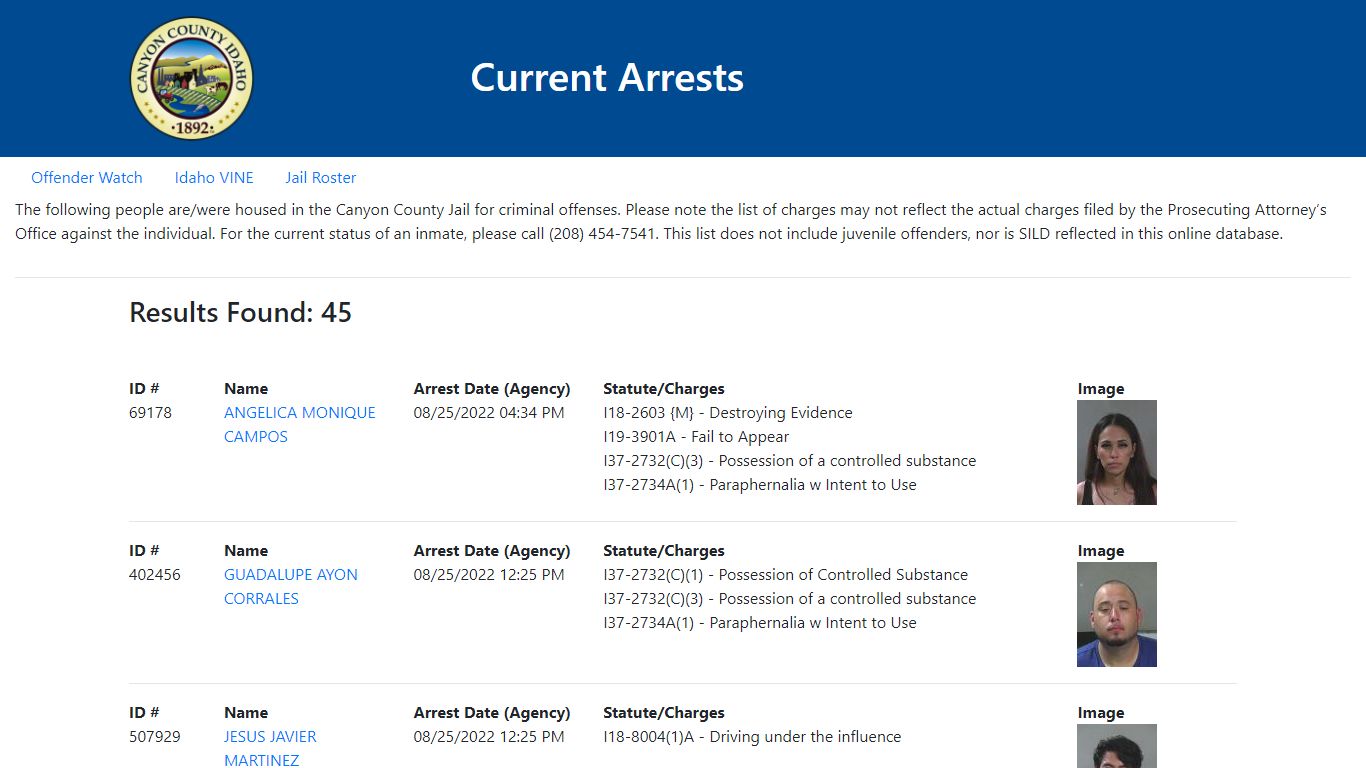 Current Arrests - Canyon County, Idaho